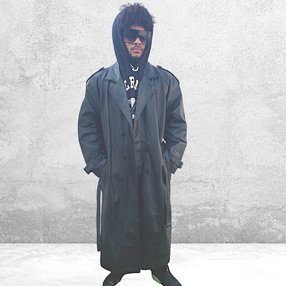 Leather Button Front Belted Trench Coat Men's Black Size XL - Picture 1 of 16